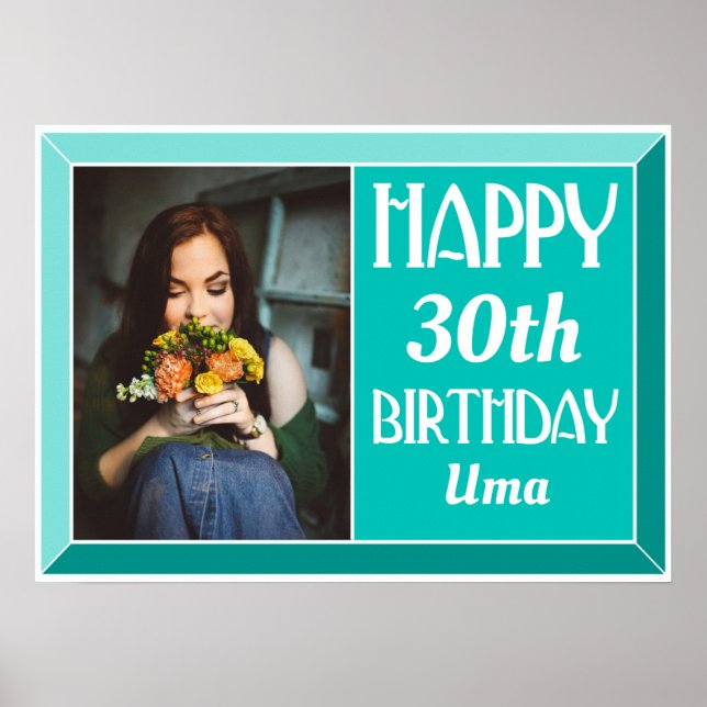 Teal Beveled Art Deco Birthday Photo Poster (Vorne)