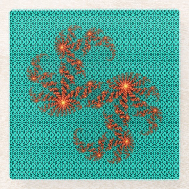 Teal Black Abstract Mandala Pattern Glasuntersetzer (Vorderseite)