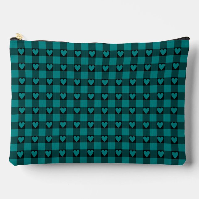 Teal Black Buffalo Heart Plaid Zubehörtasche (Vorderseite)