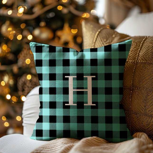 Teal Black Buffalo Plaid Monogram Holiday Kissen (Von Creator hochgeladen)
