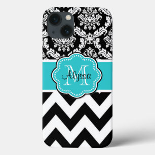 Teal Black Damask Chevron Monogram Case-Mate iPhone Hülle