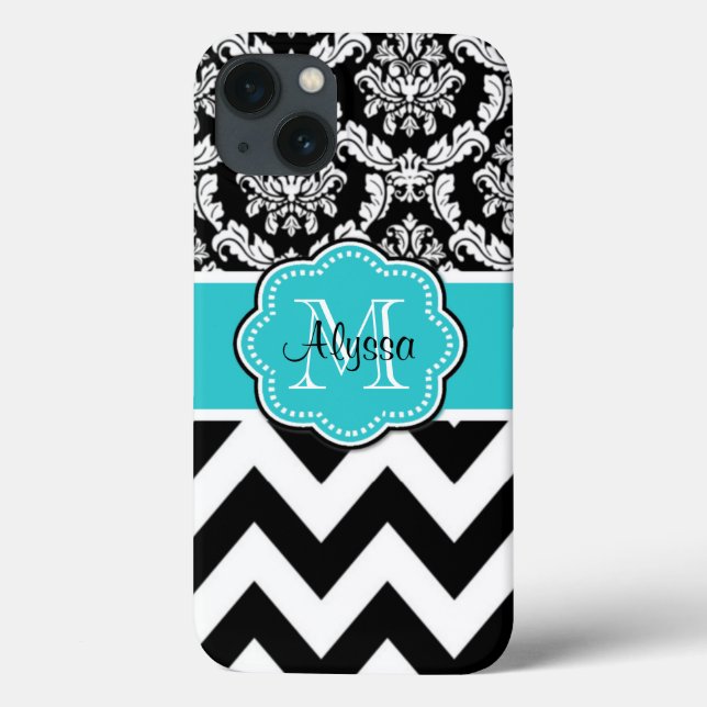 Teal Black Damask Chevron Monogram Case-Mate iPhone Hülle (Rückseite)