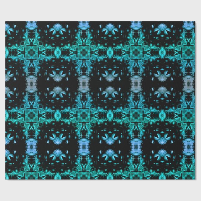 Teal & Black Electric Fractal Kaleidoscope Pattern Geschenkpapier (Flach)