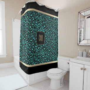 Teal & Black Leopard Pattern - Monogram Duschvorhang