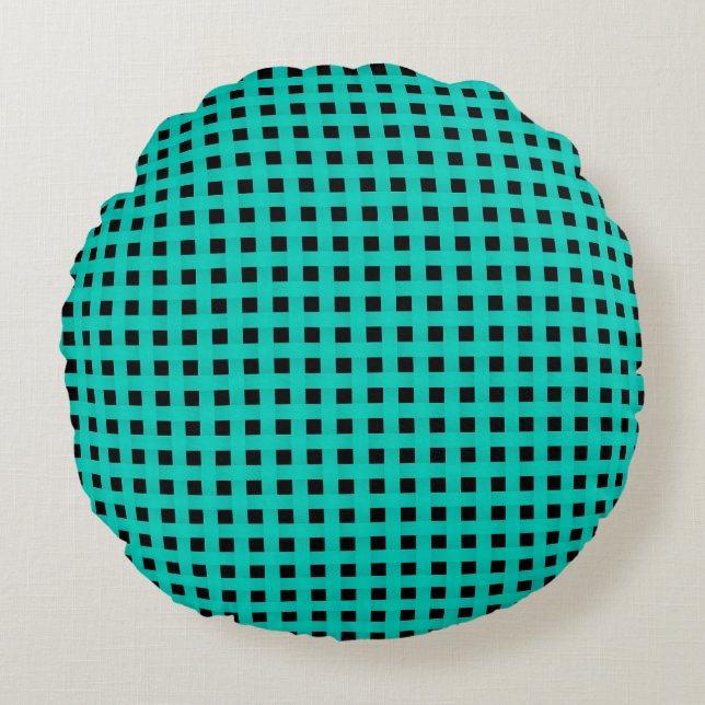 Teal Black Weave Pattern Rundes Kissen (Vorderseite)