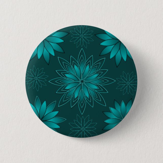Teal-Blatt-Mandala-Design auf Dunkelcyan Button (Vorderseite)