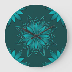 Teal-Blatt-Mandala-Design auf Dunkelcyan Große Wanduhr