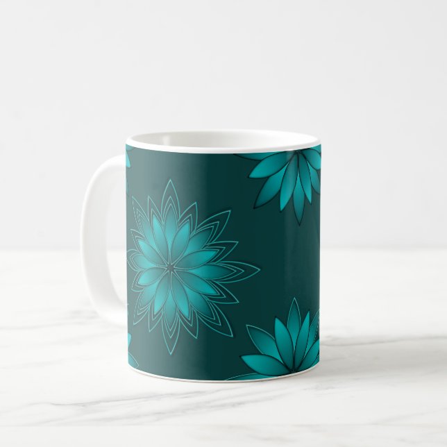 Teal-Blatt-Mandala-Design auf Dunkelcyan Kaffeetasse (Vorderseite Links)