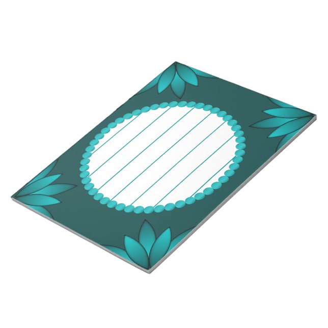 Teal-Blatt-Mandala-Design auf Dunkelcyan Notizblock (angewinkelt)