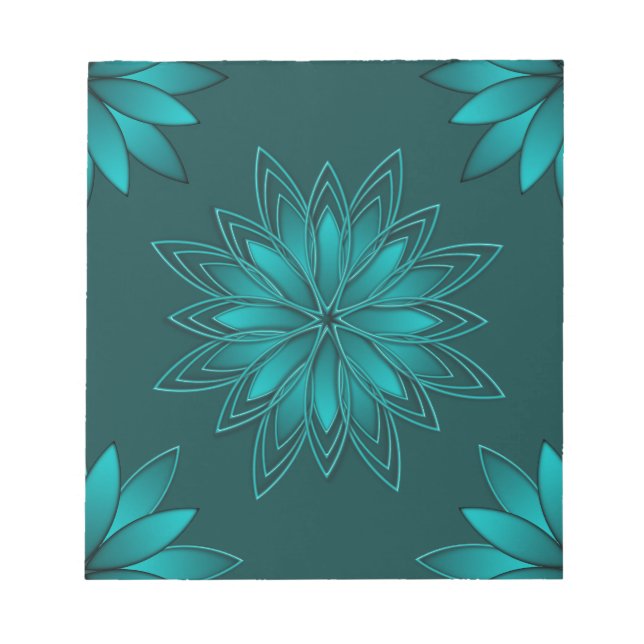 Teal-Blatt-Mandala-Design auf Dunkelcyan Notizblock (Vorderseite)