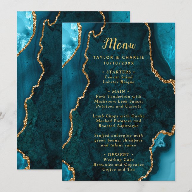Teal Blau und Gold Achat Hochzeitsmenü Menükarte (Vorne/Hinten)