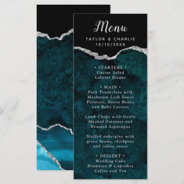 Teal Blau und Silber Achat Hochzeitsmenü Menükarte