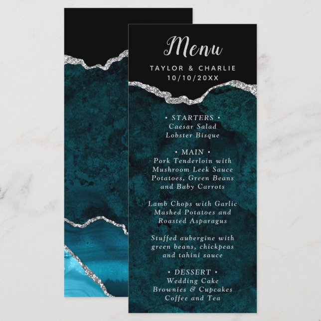 Teal Blau und Silber Achat Hochzeitsmenü Menükarte (Vorne/Hinten)