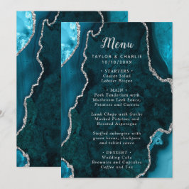 Teal Blau und Silber Achat Hochzeitsmenü Menükarte