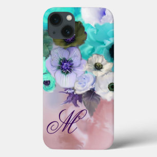 TEAL BLAUE ROSEN, WEIßE ANEMONENBLUMEN MONOGRAMM Case-Mate iPhone HÜLLE