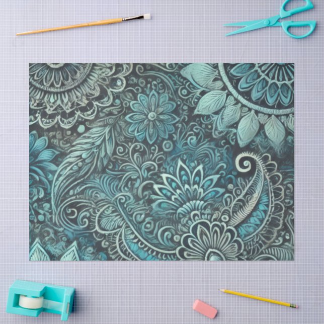 Teal Blaues Paisley-Blumenmuster-Dekoupage Seidenpapier (Basteln)