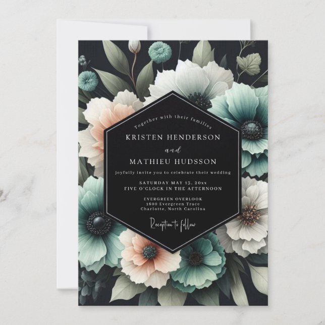 Teal Bloom Nocturne Hochzeit Einladung (Vorderseite)