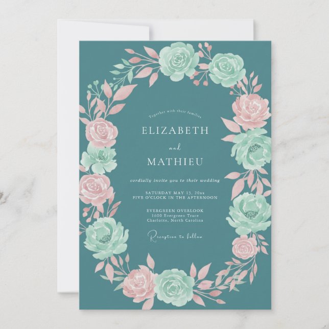 Teal Bloom Romantik-Hochzeit Einladung (Vorderseite)