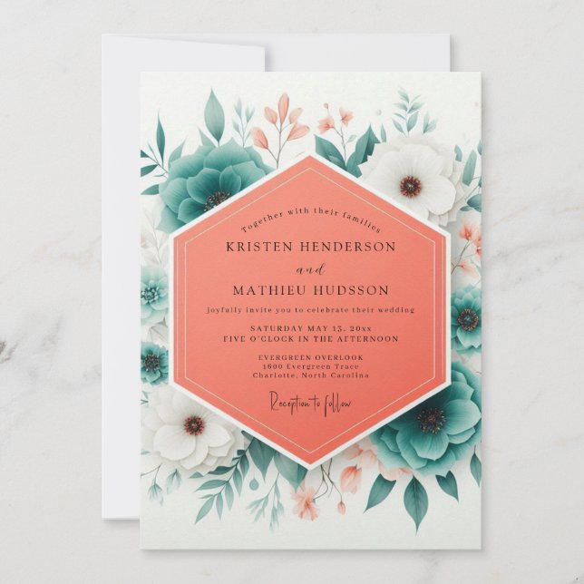 Teal Bloom Romantische Hochzeit Einladung (Vorderseite)
