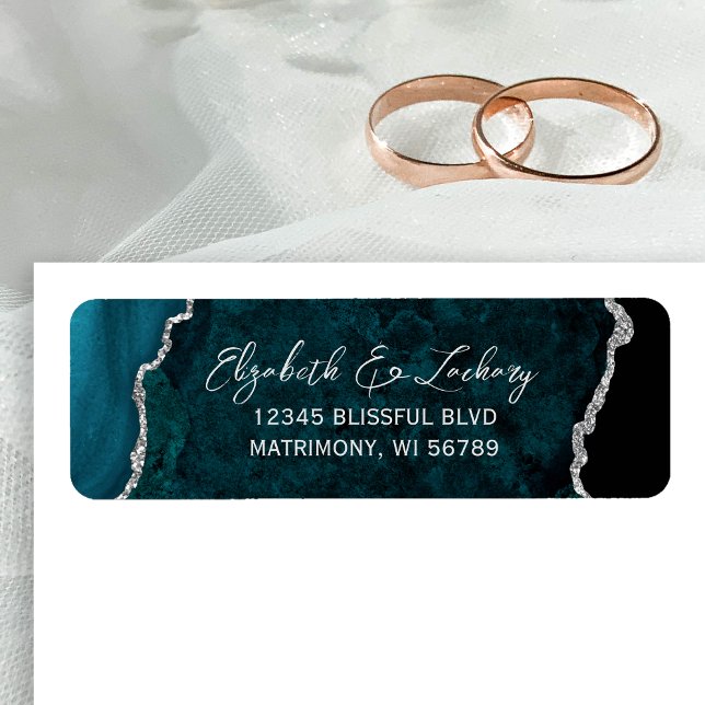 Teal Blue Agate Silver Wedding Return Address (Von Creator hochgeladen)