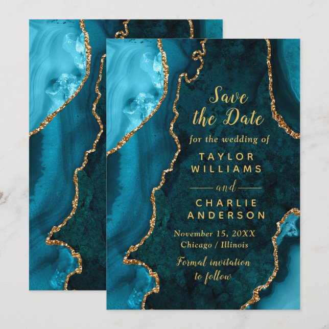 Teal Blue and Gold Agate Marble Save The Date Einladung (Vorne/Hinten)