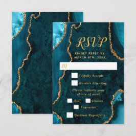 Teal Blue and Gold Agate Wedding Meal Choice RSVP Karte