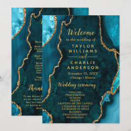 Teal Blue and Gold Agate Wedding Program Programm