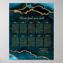 Teal Blue and Gold Agate Wedding Seating Chart Poster