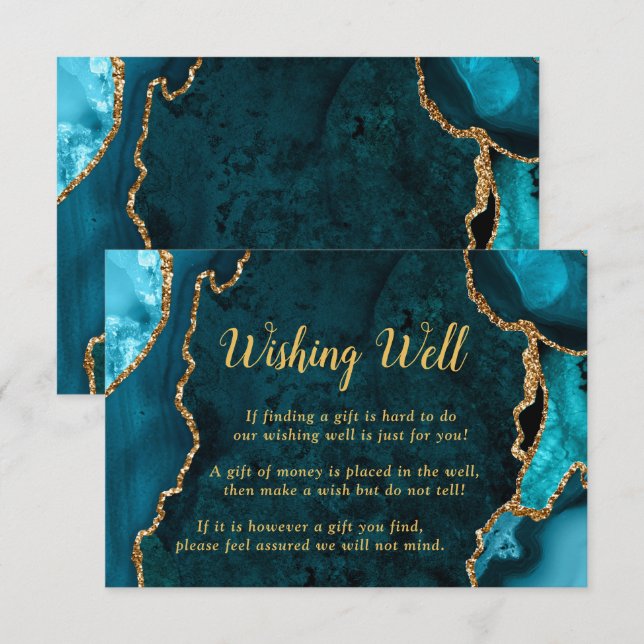 Teal Blue and Gold Agate Wedding Wishing Well Begleitkarte (Vorne/Hinten)