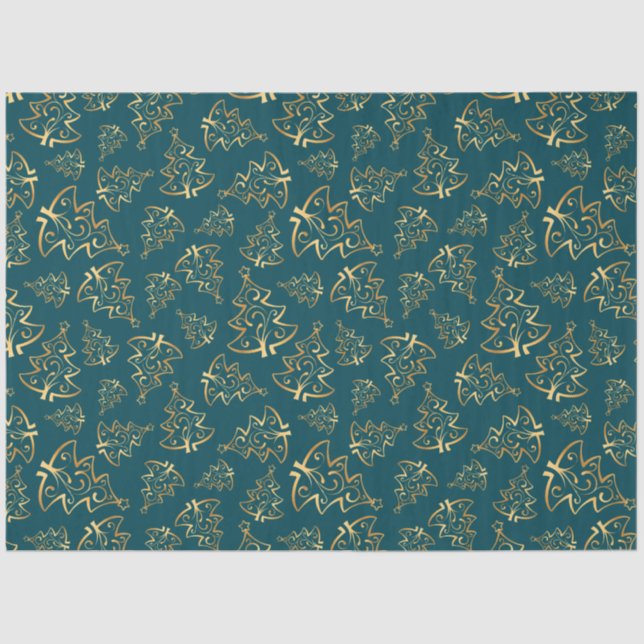 Teal Blue and Gold Elegant Christmas Trees Seidenpapier (Vorderseite)