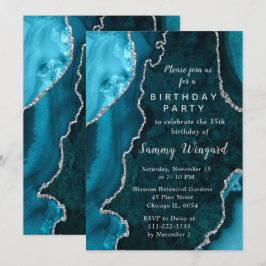 Teal Blue and Silver Agate Marble Birthday Party Einladung