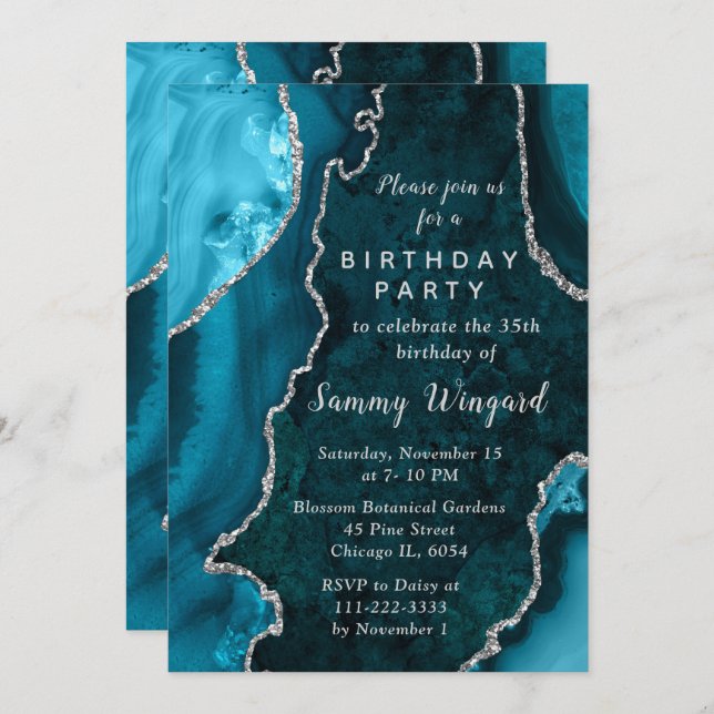 Teal Blue and Silver Agate Marble Birthday Party Einladung (Vorne/Hinten)