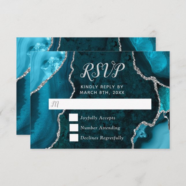 Teal Blue and Silver Agate Marble RSVP Karte (Vorne/Hinten)