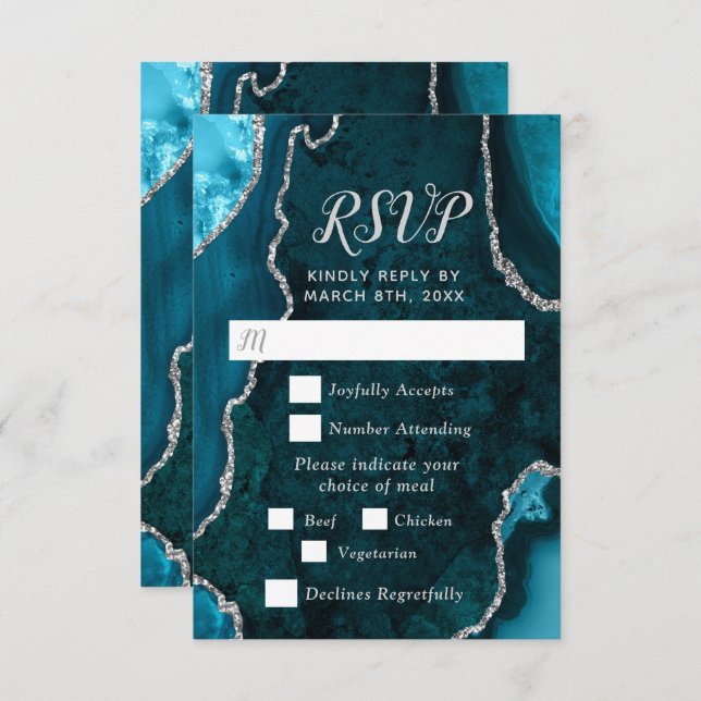 Teal Blue and Silver Agate Wedding Meal Choice RSVP Karte (Vorne/Hinten)