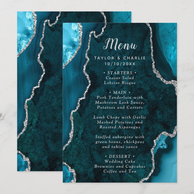 Teal Blue and Silver Agate Wedding Menu Menükarte (Vorne/Hinten)