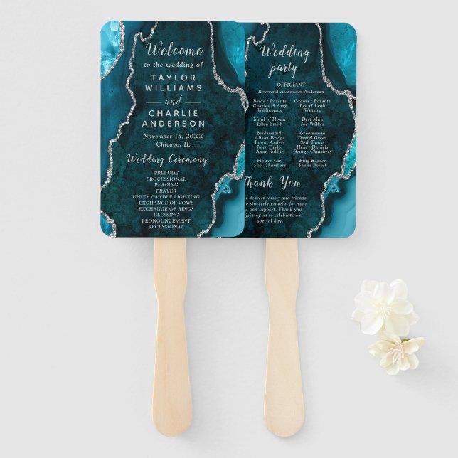 Teal Blue and Silver Agate Wedding Program Fächer (Vorne und Hinten)