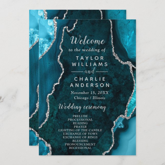 Teal Blue and Silver Agate Wedding Program Programm (Vorne/Hinten)