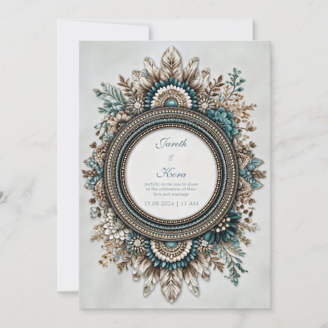 Teal Blue Brown Feather Floral Rustic Wedding Einladung (Vorderseite)