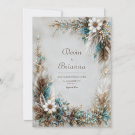 Teal Blue Brown Feather White Floral Wedding Einladung