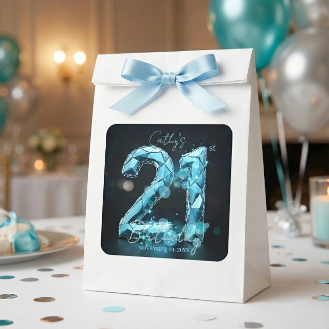 Teal Blue Crystal Glam Sparkle 21st Birthday Party Quadratischer Aufkleber (Von Creator hochgeladen)