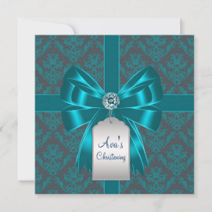 Teal Blue Damask Baby Baptism Christening Einladung