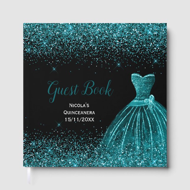 Teal Blue Dress Faux Glitter Quinceanera Gästebuch (Vorderseite)