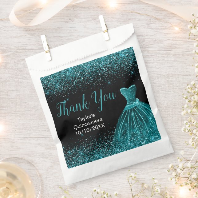 Teal Blue Dress Faux Glitter Quinceanera Geschenktütchen (Ausgeschnitten)