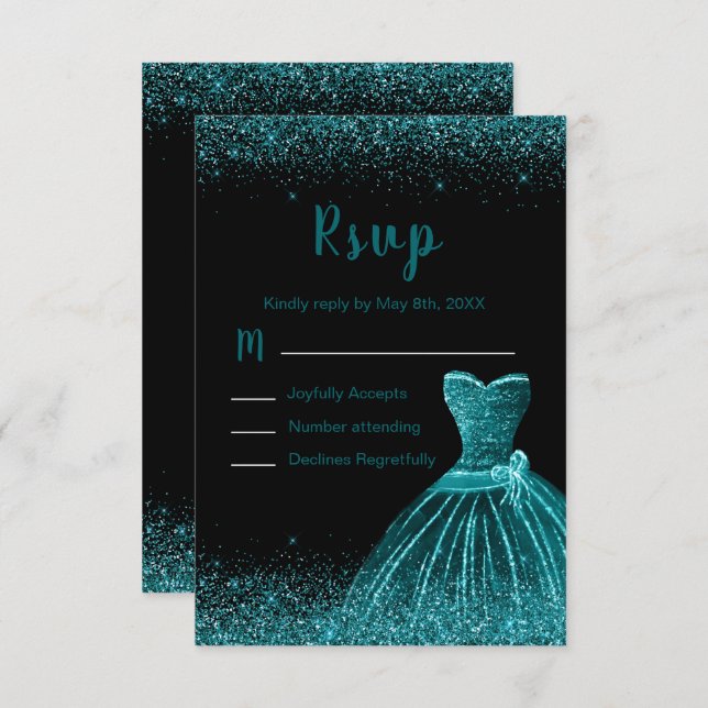 Teal Blue Dress Faux Glitter Quinceanera RSVP Karte (Vorne/Hinten)