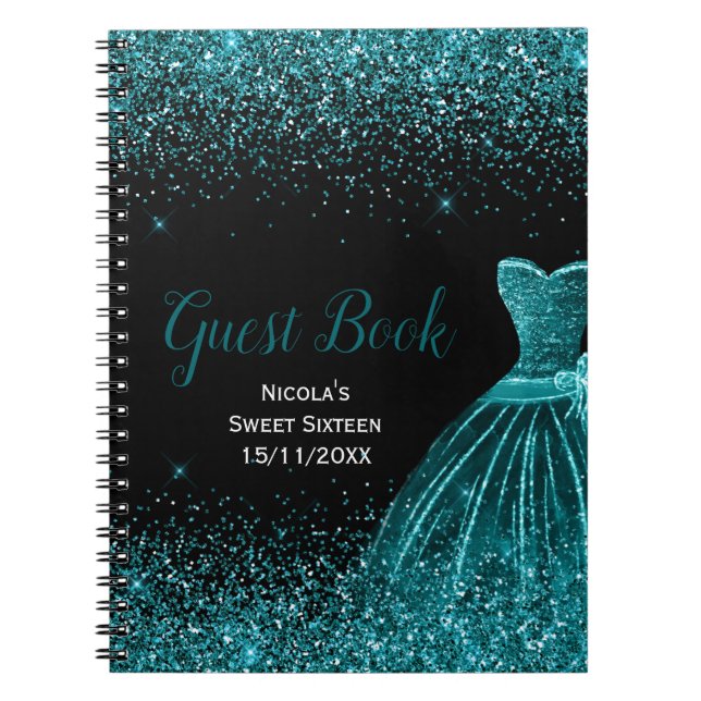 Teal Blue Dress Faux Glitter Sweet 16 Guest Book Notizblock (Vorderseite)