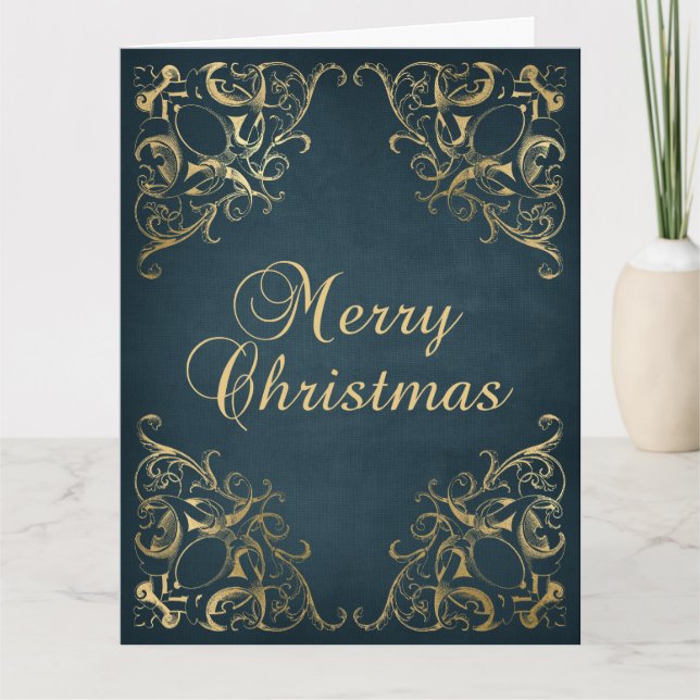 Teal Blue Faux Gold Ornate Border Merry Christmas Karte (Vorderseite)