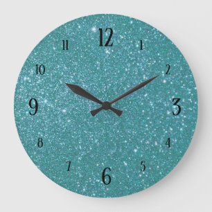 Teal Blue Glitter Glam with Black Numbers Große Wanduhr