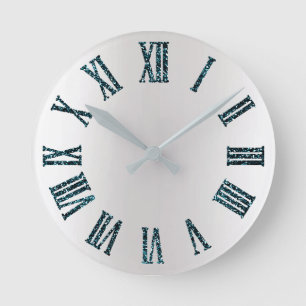Teal Blue Glitter Gray Silver Ombre Minimal Black Runde Wanduhr