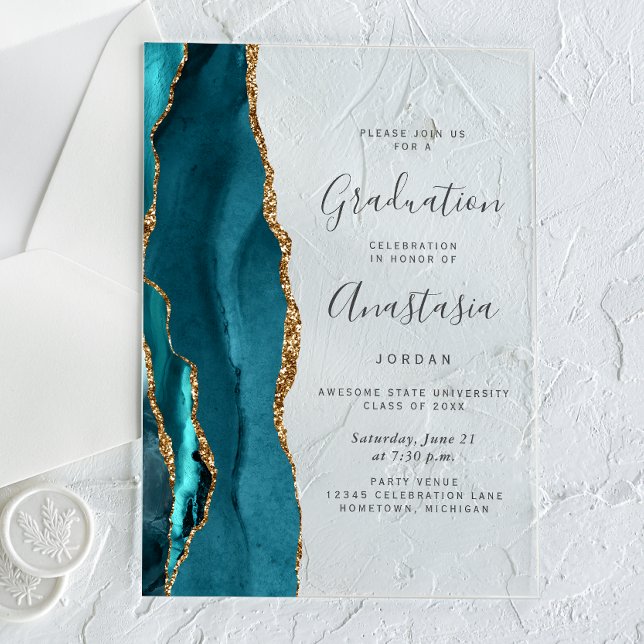 Teal Blue Gold Agate Gray Text Graduation Acryleinladungen (Von Creator hochgeladen)