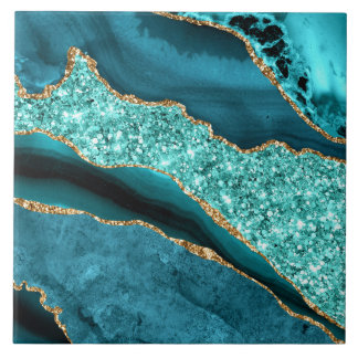 Teal Blue Gold Glitter Marble Ceramic Tile Fliese